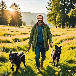 Cheerful man strolling in a sunlit meadow with dogs