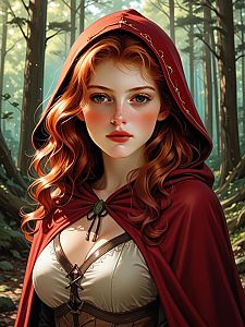 Young Woman in Red Cloak in Sunlit Forest