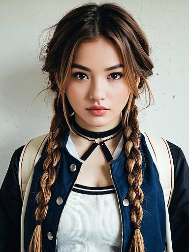 Young Woman in Bakugou Costume with Twin Braids and Varsity Jacket