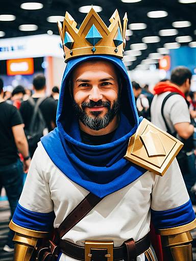 Man in Detailed Clash Royale King Cosplay at Gaming Convention