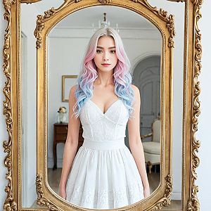 Elegant Woman in Pastel Dress by Ornate Mirror
