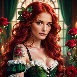 Striking Woman with Red Hair in Romantic Rose Setting