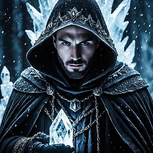 Fantasy Portrait of Ice Sorcerer Holding Crystal Shard in Dark Cloak
