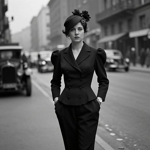 Vintage 1940s Woman in Elegant Attire on City Street Black and White