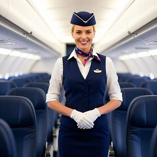 Professional Female Flight Attendant in Navy Uniform Inside Airplane Cabin