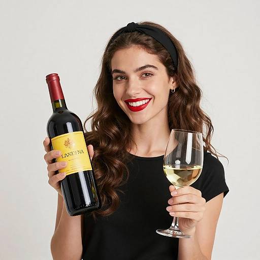 Young Woman Holding Red Wine Bottle and White Wine Glass