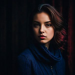 Portrait of a Young Woman in a Dark Blue Sweater