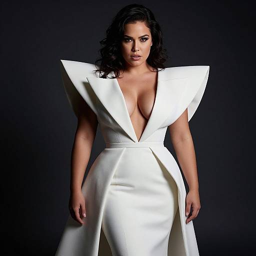 Woman in Elegant White Dress with Structured Shoulders and Deep V Neckline
