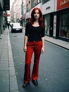 Urban Portrait of Woman with Red Hair in Stylish Black Top and Red Pants
