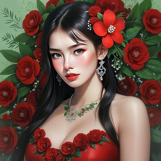 Anime Woman with Red Roses and Elegant Jewelry Digital Portrait