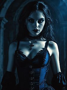 Gothic Woman in Dark Corset with Cross Necklace in Moody Stone Archway