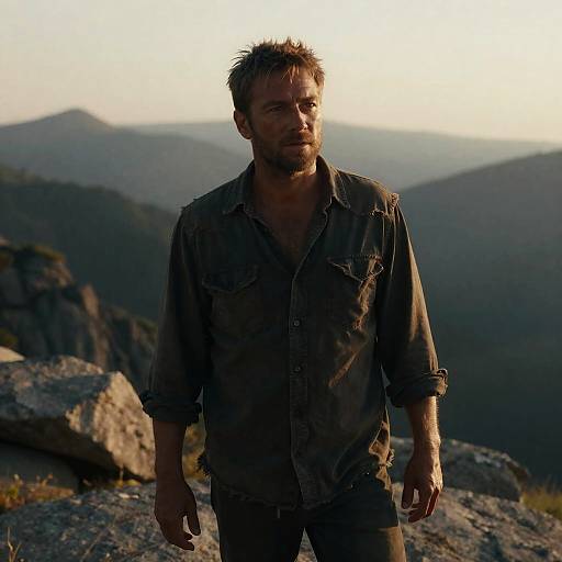Rugged Man in Worn Shirt on Rocky Mountain at Sunset