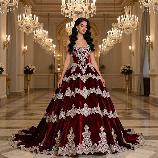 Elegant Red Velvet Ball Gown with Silver Embroidery in Luxurious Ballroom