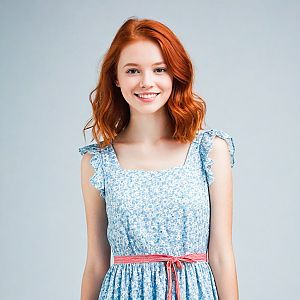 Smiling Young Woman with Red Hair in Floral Dress
