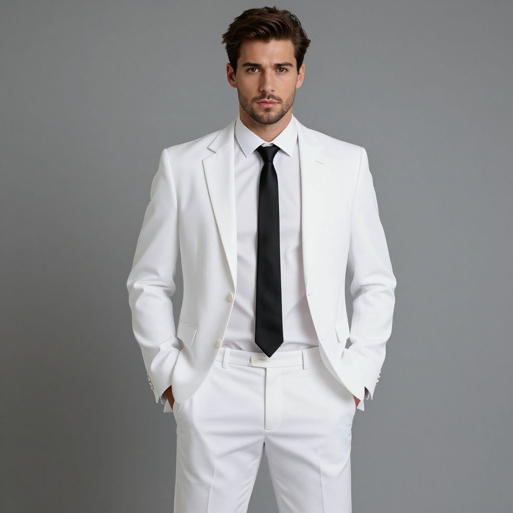 Man in White Suit with Black Tie on Gray Background