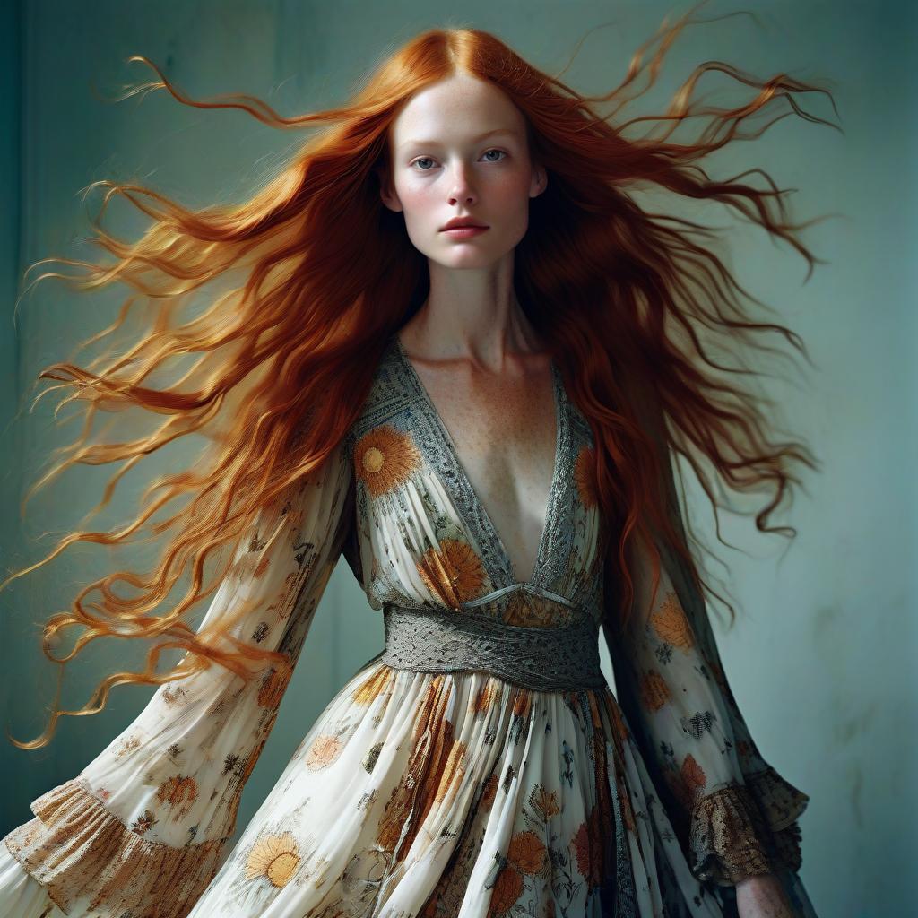 Red-Haired Woman in Vintage Floral Dress with Flowing Hair