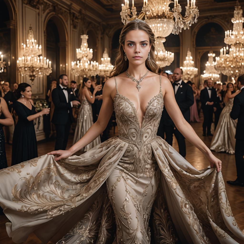 Elegant Woman in Embroidered Gown in Opulent Ballroom