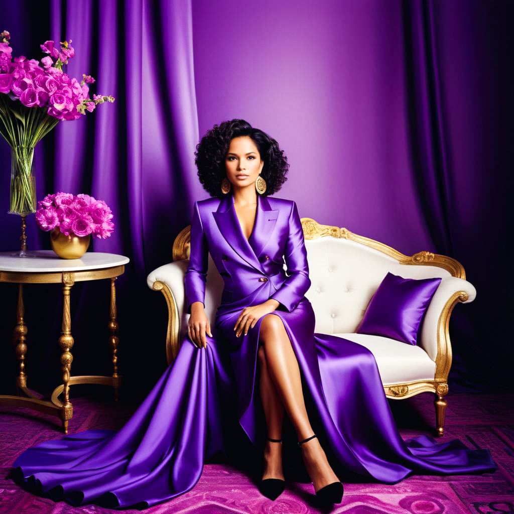 Elegant Woman in Purple Gown on White Sofa