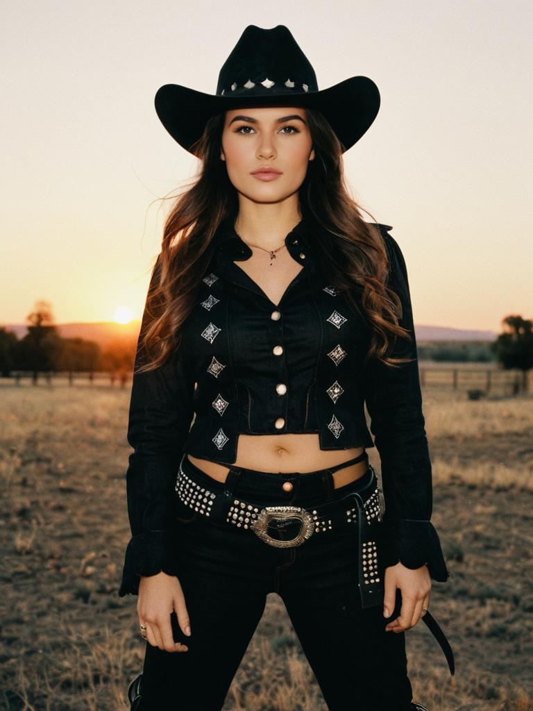 Woman in Black Cowgirl Costume Photorealistic Outdoor Portrait at Sunset
