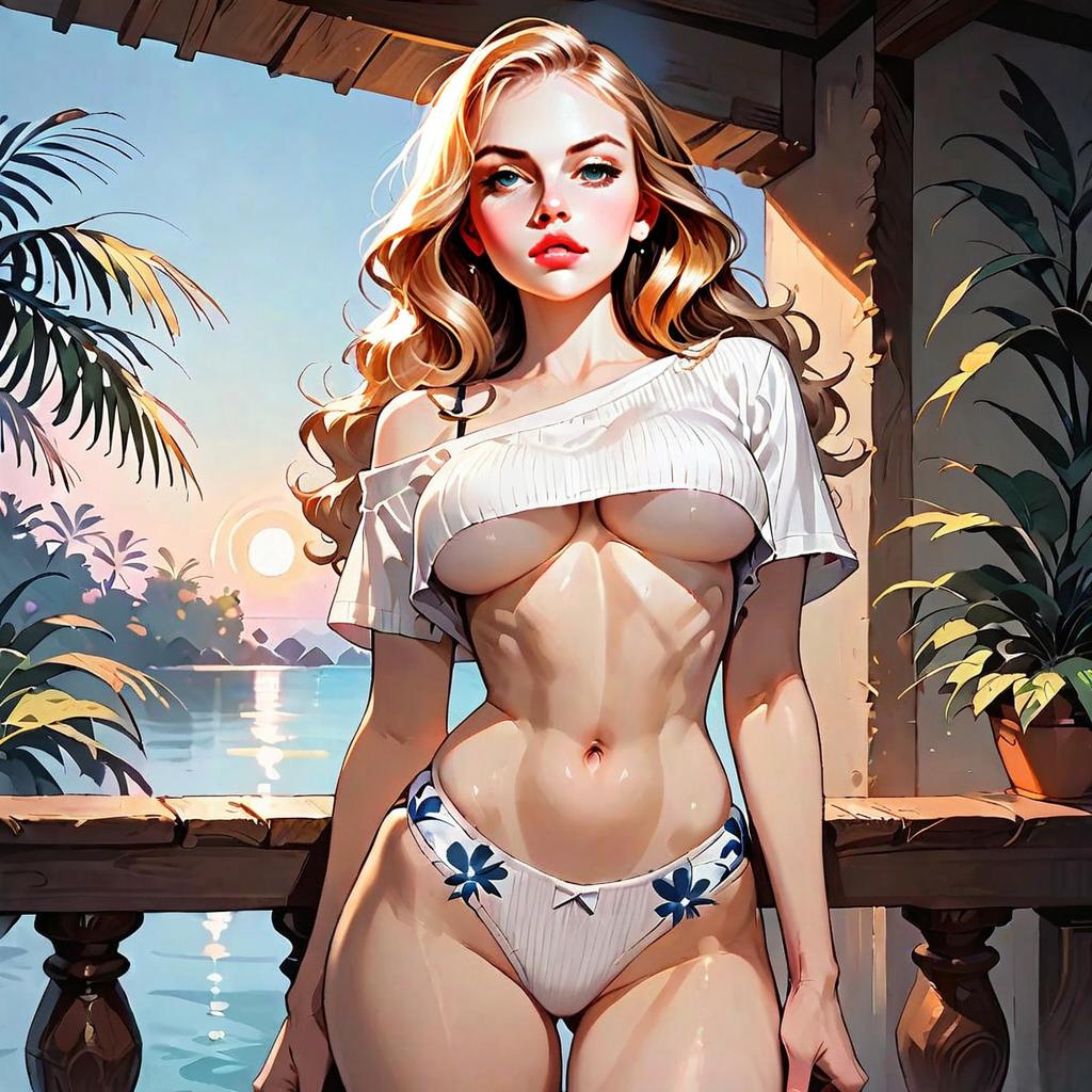 Stylized Digital Art Woman in Bikini at Tropical Sunset Balcony