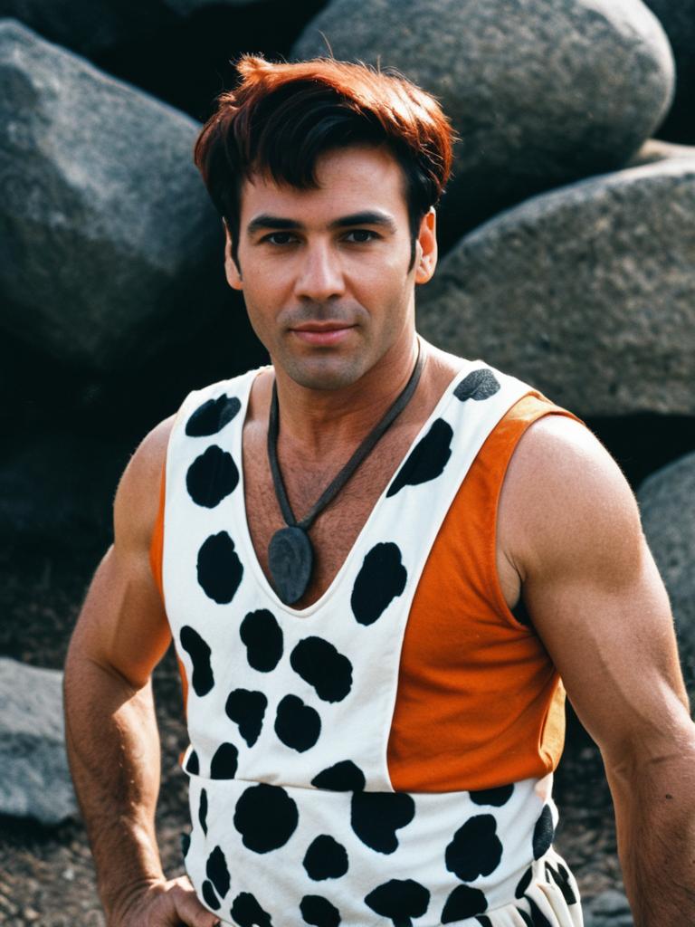 Man in Fred Flintstone Costume Detailed Cosplay Cinematic Realism