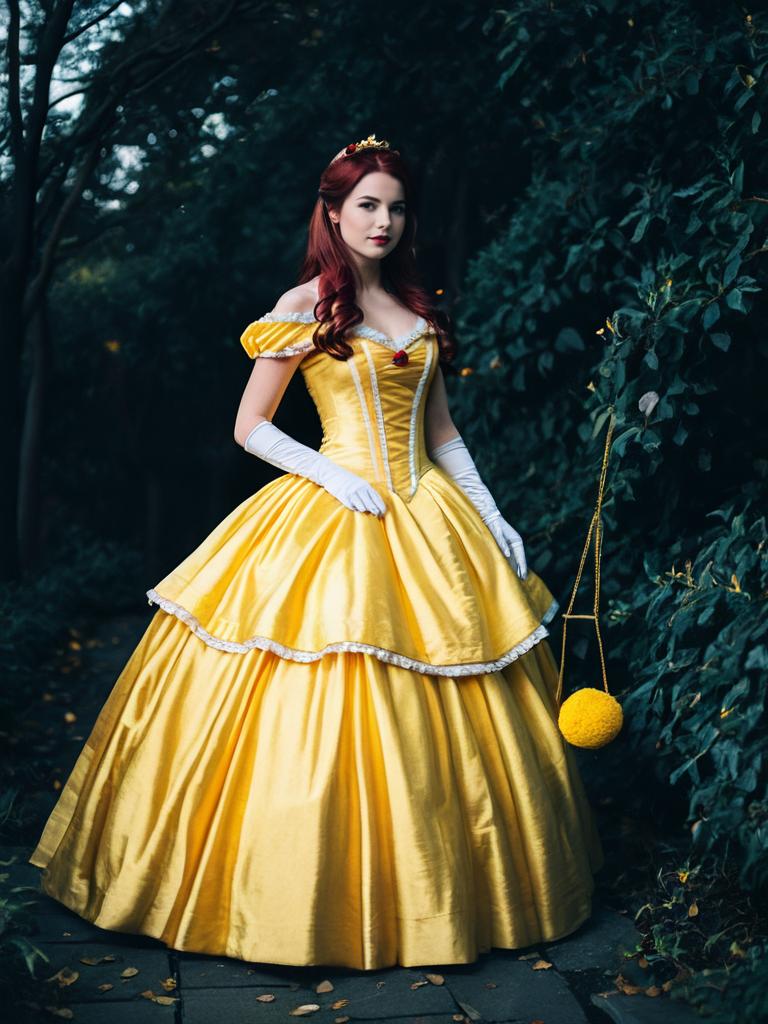 Woman in Belle Yellow Ball Gown Full Body Cosplay Photo