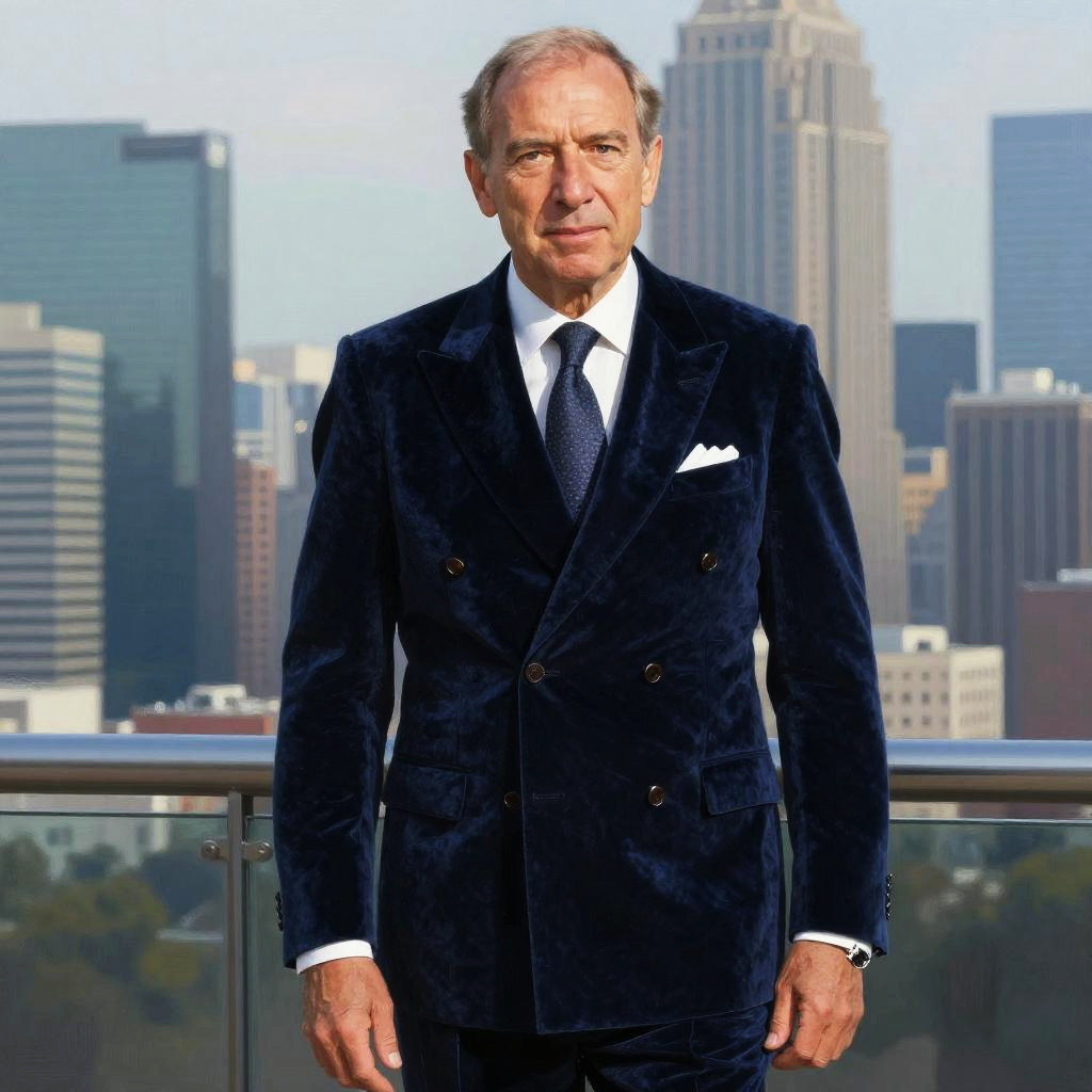Distinguished Man in Navy Velvet Suit with City Skyline Background