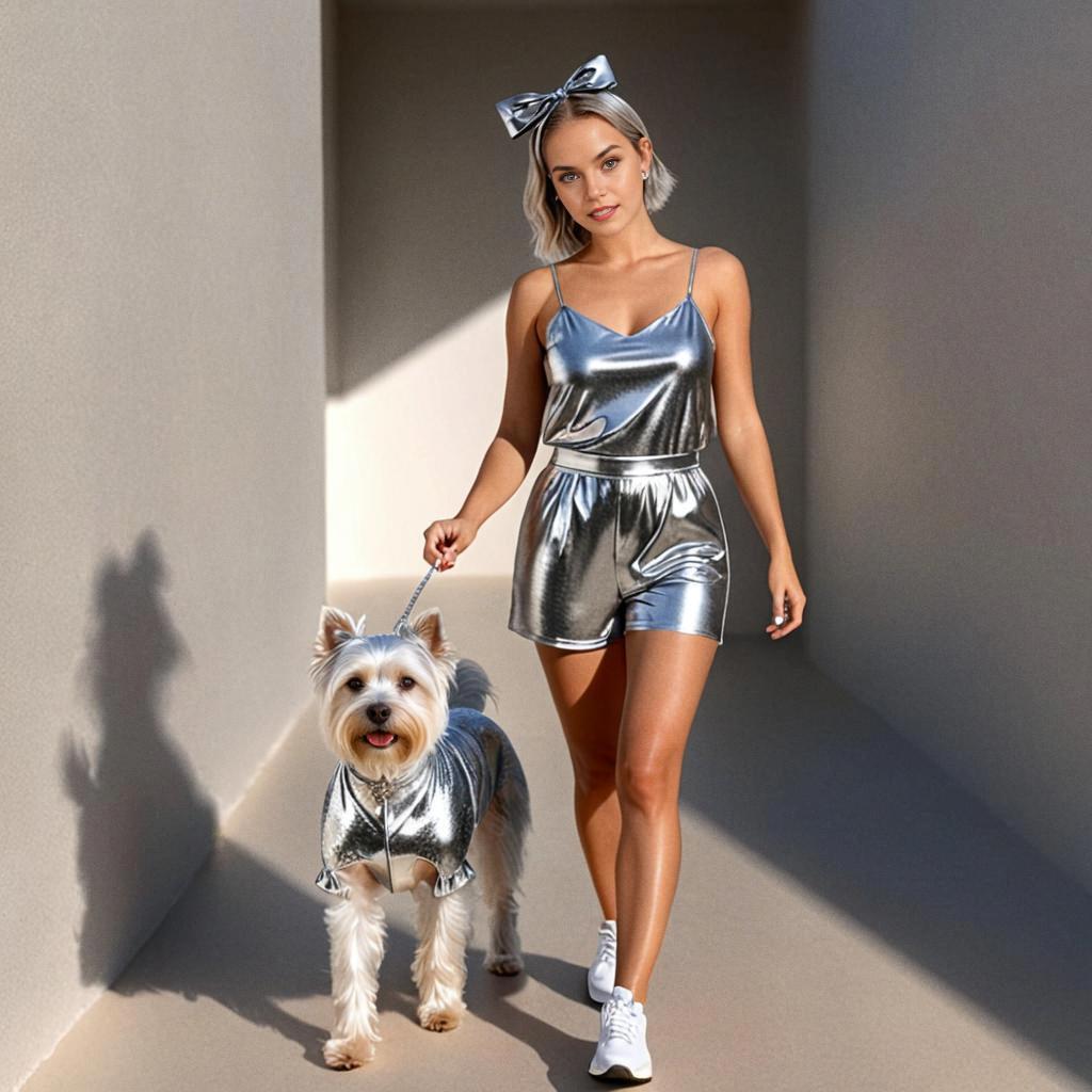 Stylish Woman Walking Silver Dog in Metallic Outfits