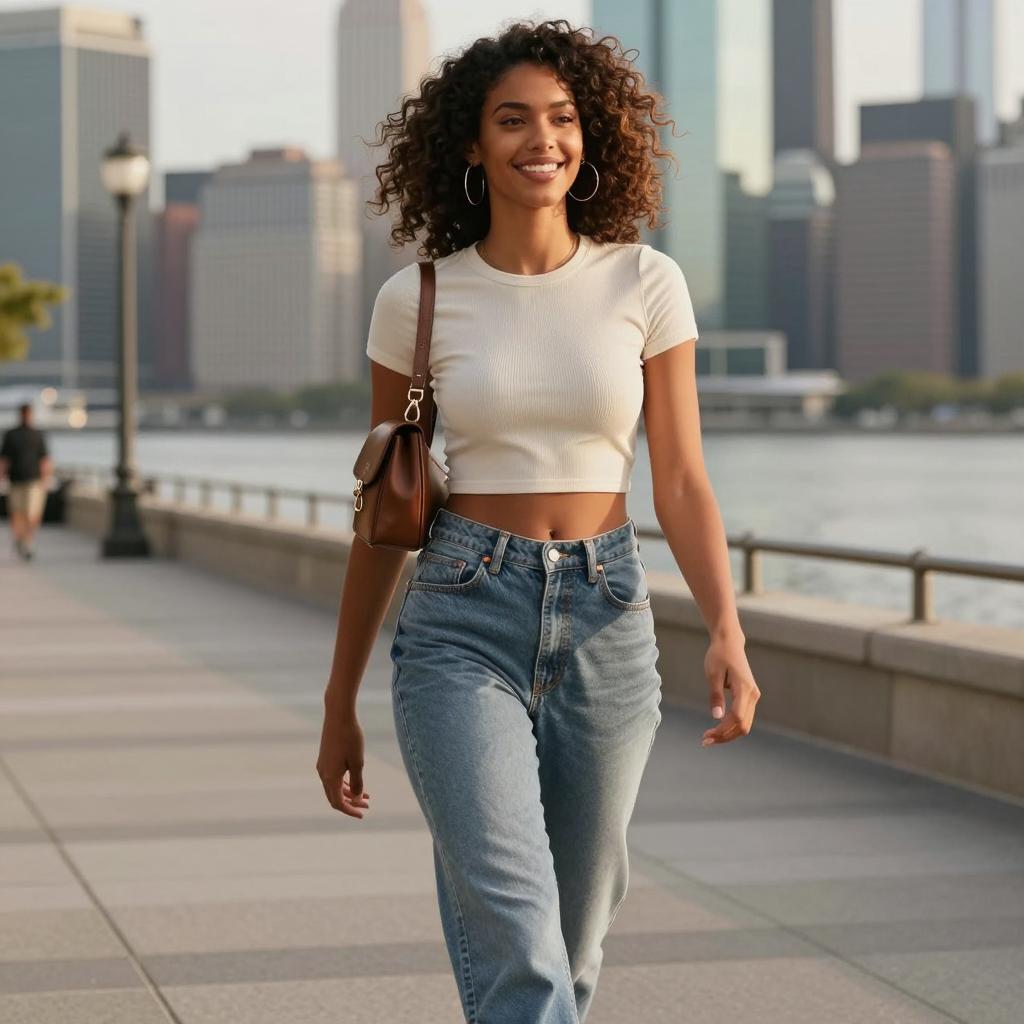 Trendy Gen Z Woman Walking Waterfront in Casual Crop Top and Jeans