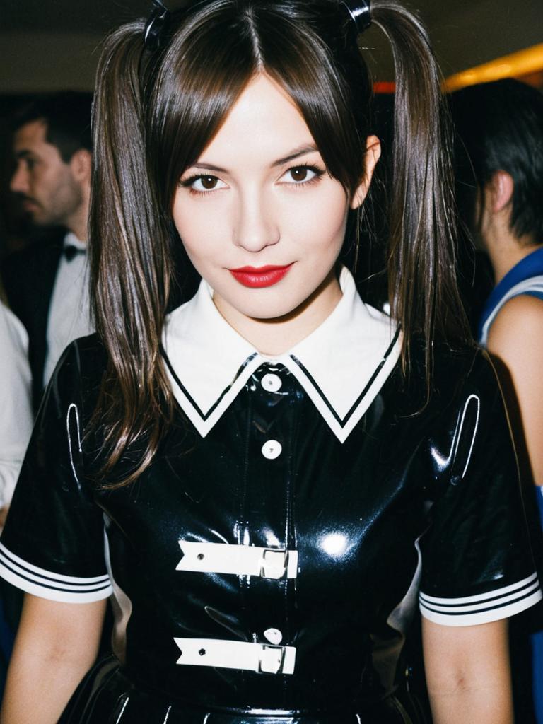 Woman in Latex Schoolgirl Costume Candid Cosplay Portrait at Party