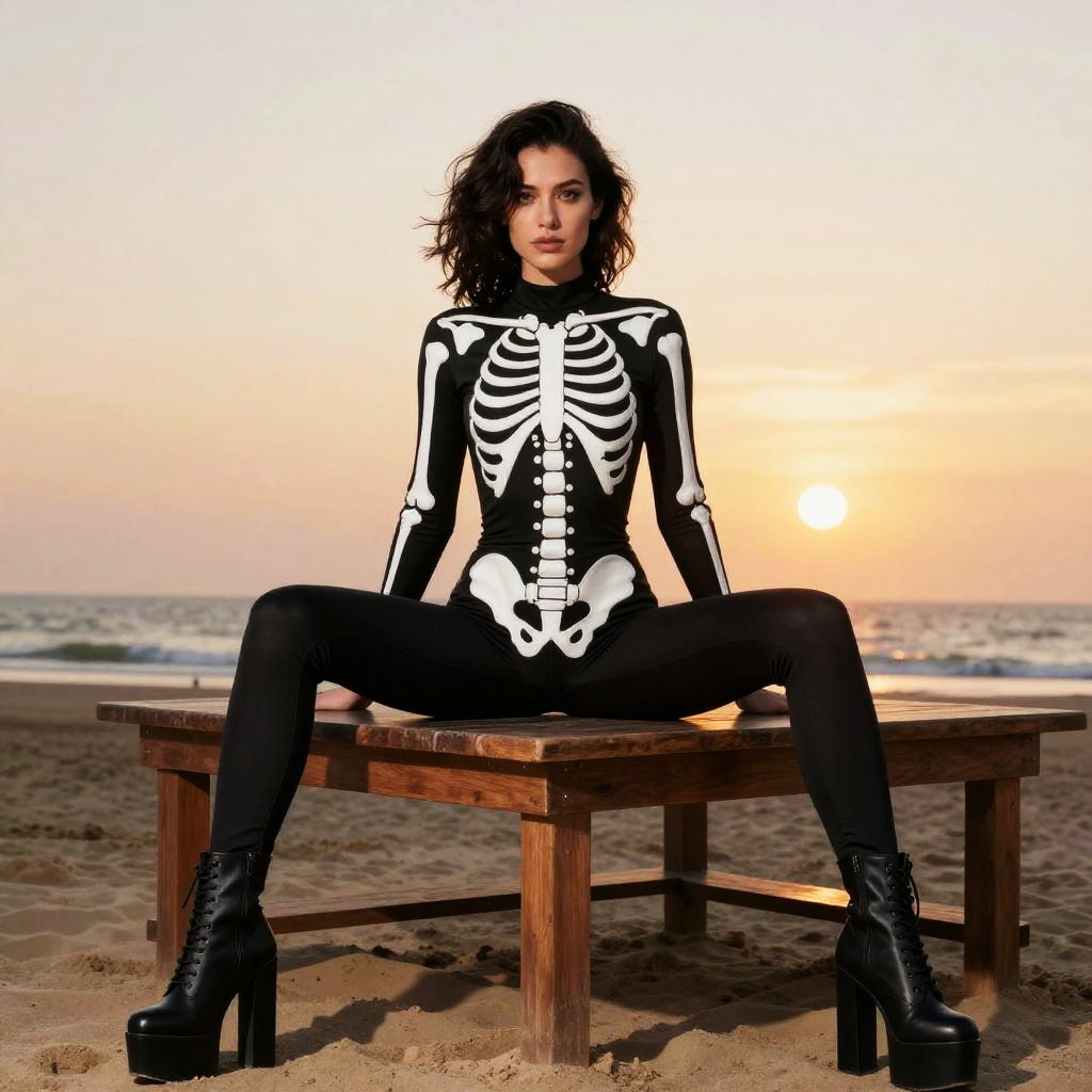 Woman in Skeleton Bodysuit Sitting on Wooden Table at Beach Sunset
