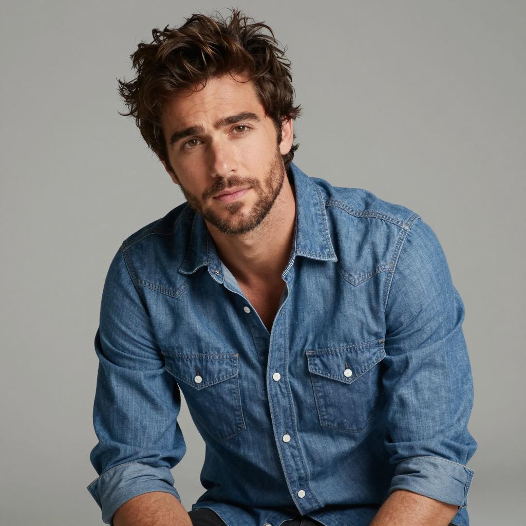 Casual Man in Denim Shirt with Rolled-Up Sleeves Portrait
