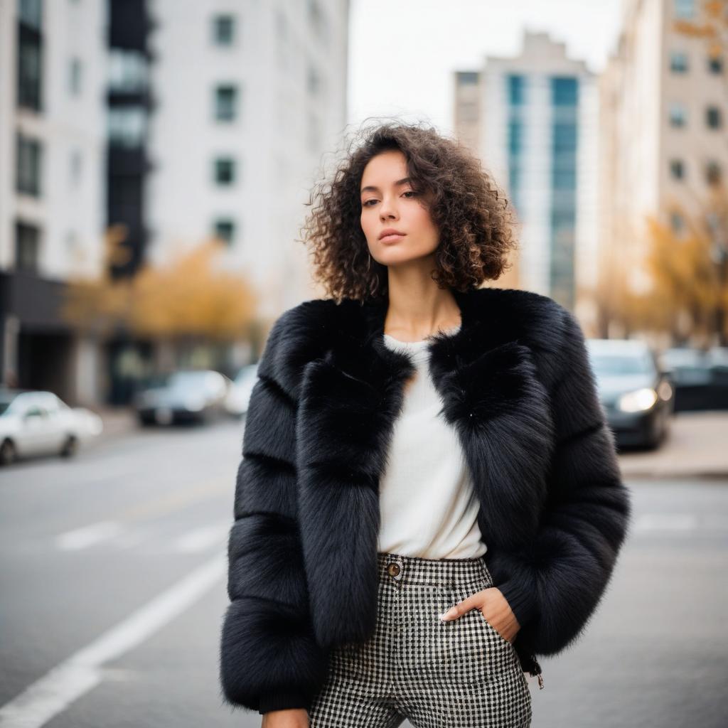 Stylish Woman in Black Fur Jacket and Checkered Pants in City Street