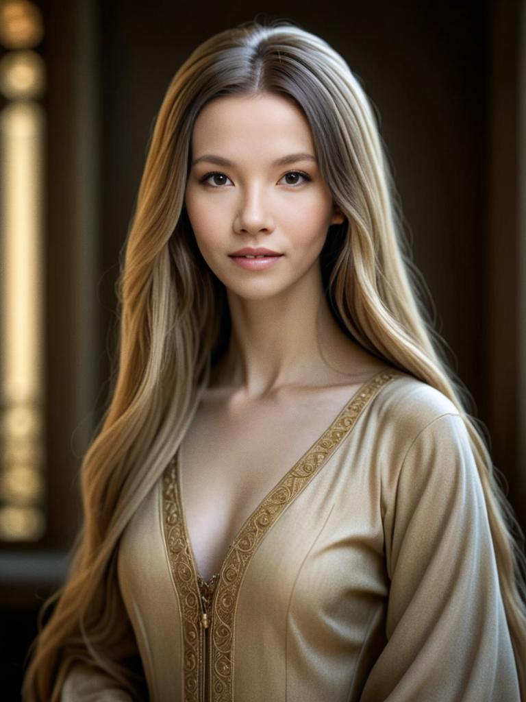 Elegant Young Woman in Golden Attire