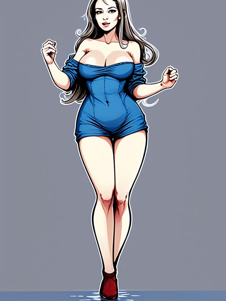 Stylish Woman in Blue Romper Digital Illustration Comic Art