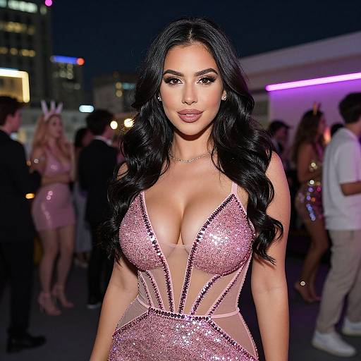 Woman in Sparkling Pink Dress at Night Rooftop Party
