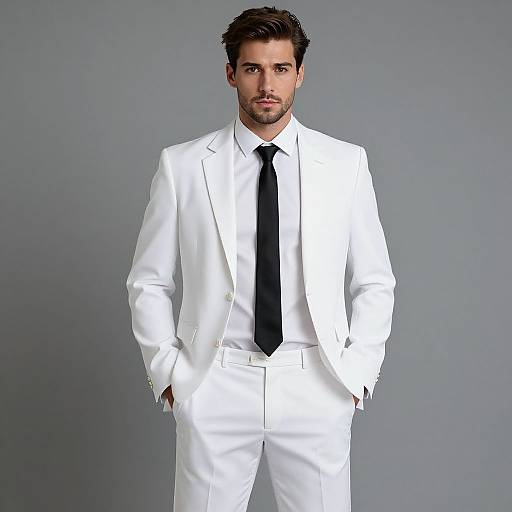 Man in White Suit with Black Tie on Gray Background