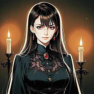 Stylized illustration of a confident woman in elegant black with candles