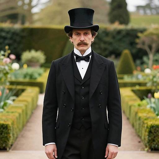Victorian Man in Formal Dress and Top Hat in Garden