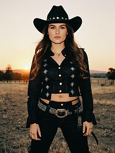 Woman in Black Cowgirl Costume Photorealistic Outdoor Portrait at Sunset