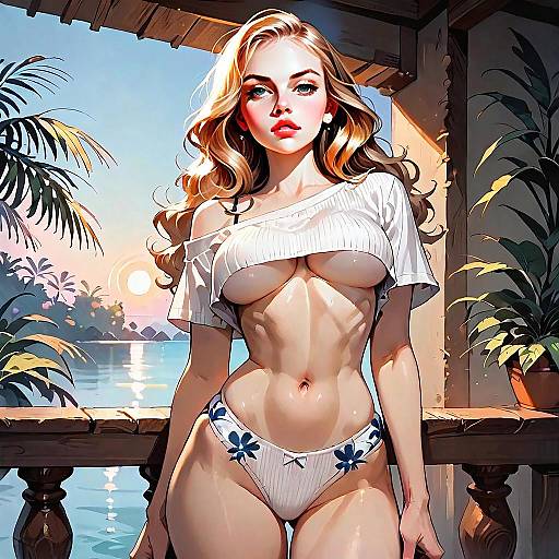 Stylized Digital Art Woman in Bikini at Tropical Sunset Balcony