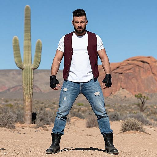Confident Man in Vest and Boots Poses in Desert Landscape