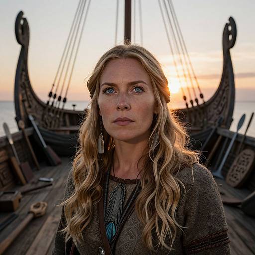 Blonde Woman on Historic Viking Ship at Sunset