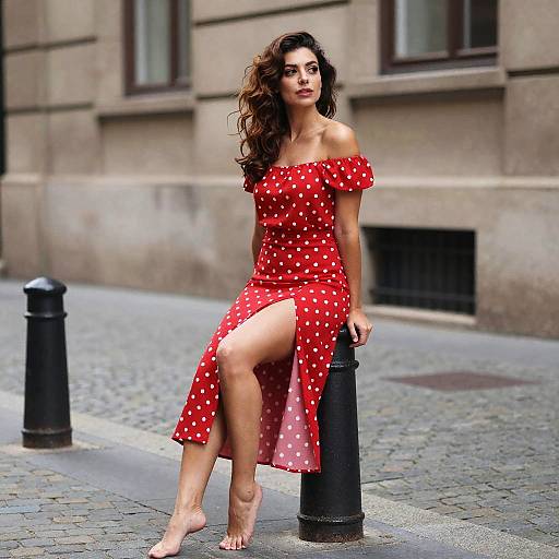 Fashionable Woman in Red Polka Dot Dress Sitting on Urban Bollard
