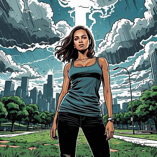 Confident Woman in Urban Park Comic Style Illustration