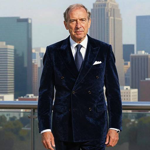 Distinguished Man in Navy Velvet Suit with City Skyline Background