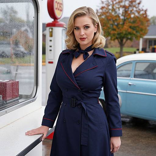 Vintage Style Woman at Classic Gas Station in Navy Blue Trench Coat