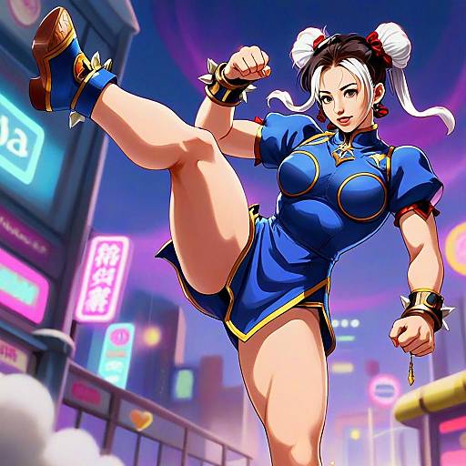 Anime Style Woman Martial Artist in Blue Outfit Kicking in Neon City