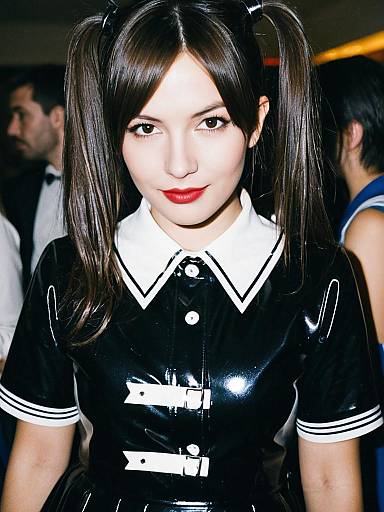Woman in Latex Schoolgirl Costume Candid Cosplay Portrait at Party