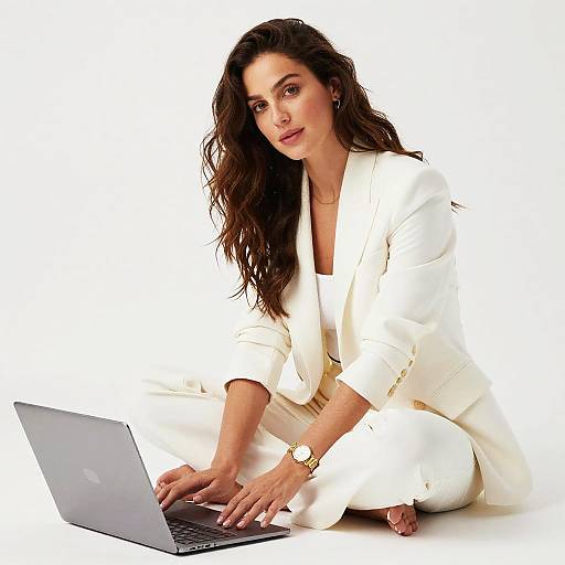 Modern Gen Z Woman Working on Laptop in White Blazer
